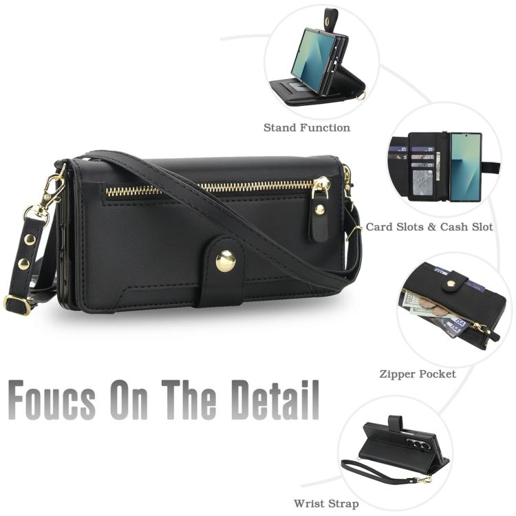 For Samsung Galaxy Z Fold7 5G Seven Card Slots Zipper Wallet Leather Phone Case with Lanyard