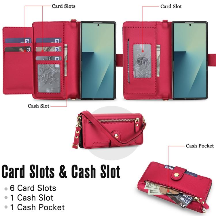 For Samsung Galaxy Z Fold7 5G Seven Card Slots Zipper Wallet Leather Phone Case with Lanyard