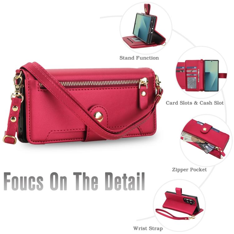 For Samsung Galaxy Z Fold7 5G Seven Card Slots Zipper Wallet Leather Phone Case with Lanyard