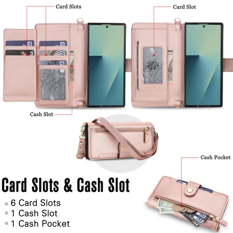 For Samsung Galaxy Z Fold7 5G Seven Card Slots Zipper Wallet Leather Phone Case with Lanyard
