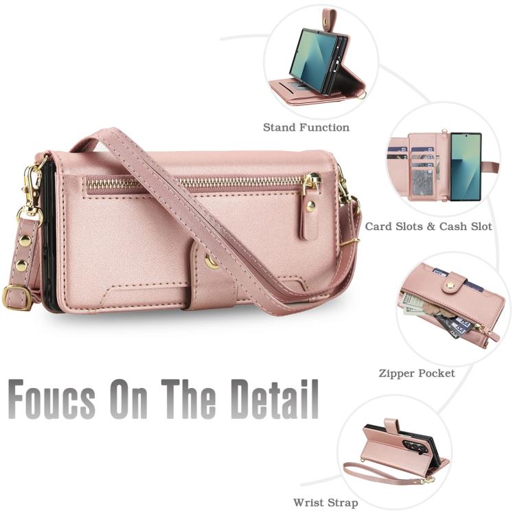 For Samsung Galaxy Z Fold7 5G Seven Card Slots Zipper Wallet Leather Phone Case with Lanyard