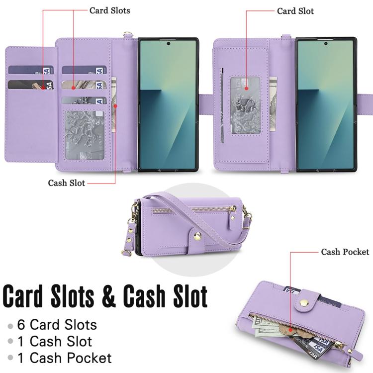 For Samsung Galaxy Z Fold7 5G Seven Card Slots Zipper Wallet Leather Phone Case with Lanyard