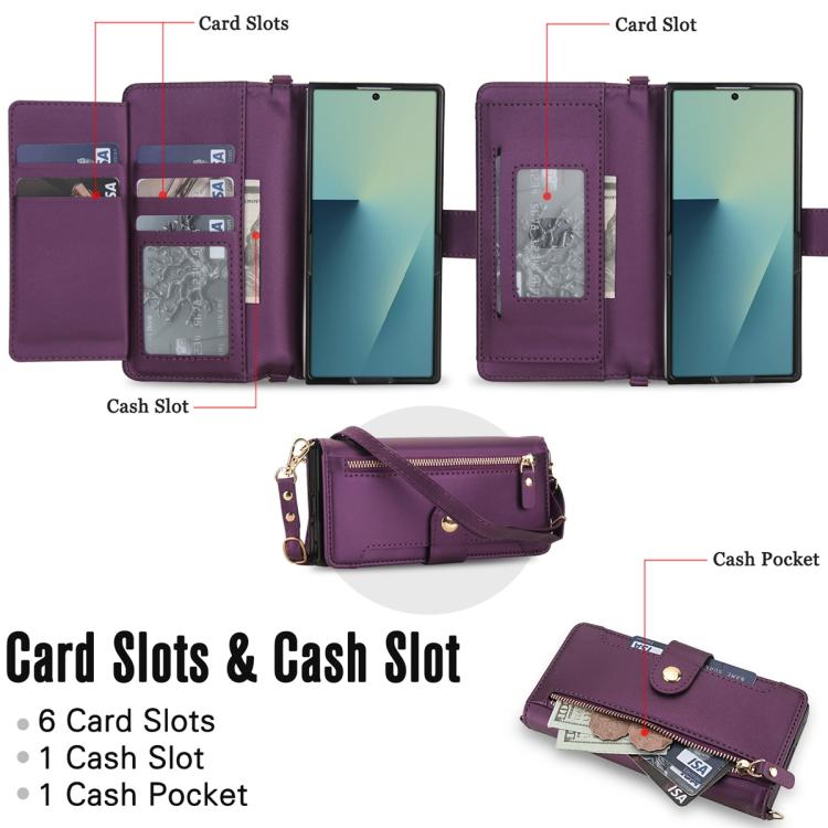 For Samsung Galaxy Z Fold7 5G Seven Card Slots Zipper Wallet Leather Phone Case with Lanyard