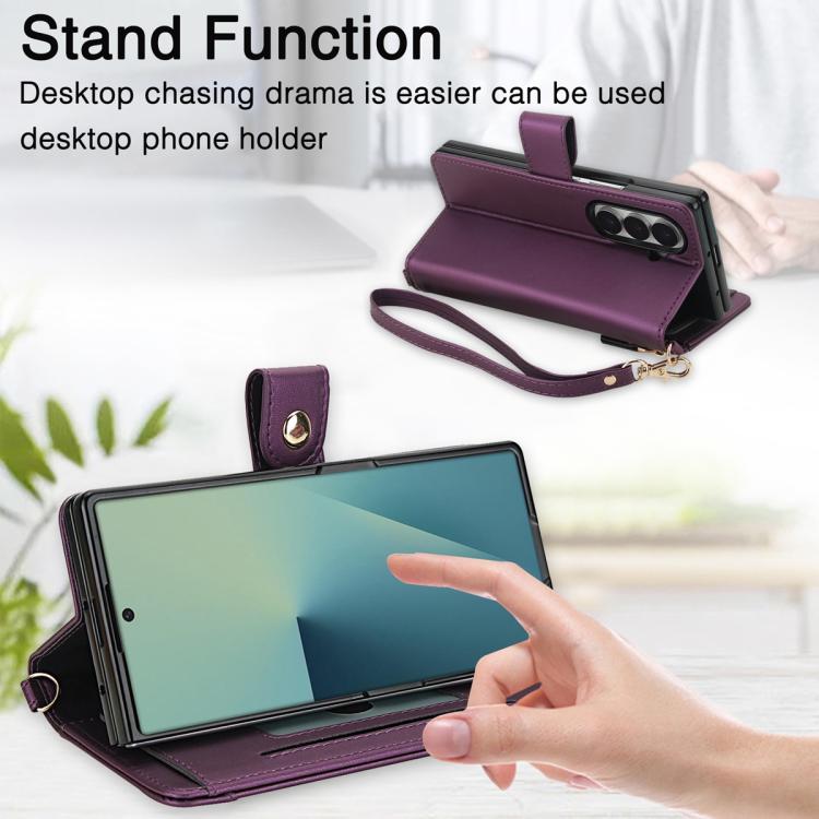 For Samsung Galaxy Z Fold7 5G Seven Card Slots Zipper Wallet Leather Phone Case with Lanyard