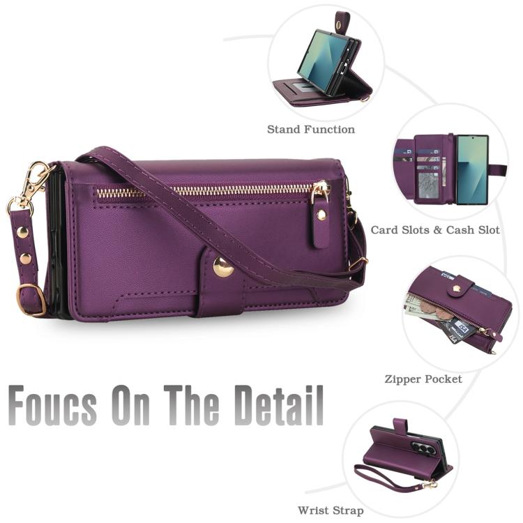 For Samsung Galaxy Z Fold7 5G Seven Card Slots Zipper Wallet Leather Phone Case with Lanyard