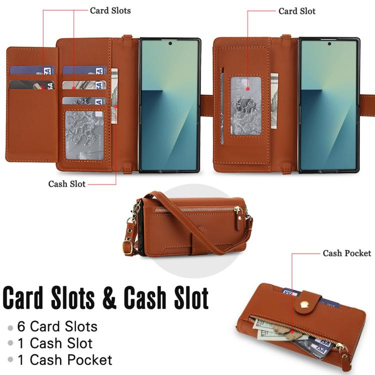 For Samsung Galaxy Z Fold7 5G Seven Card Slots Zipper Wallet Leather Phone Case with Lanyard