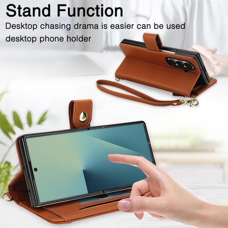 For Samsung Galaxy Z Fold7 5G Seven Card Slots Zipper Wallet Leather Phone Case with Lanyard