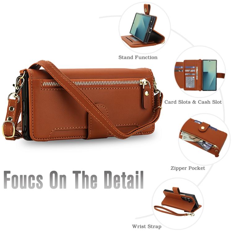 For Samsung Galaxy Z Fold7 5G Seven Card Slots Zipper Wallet Leather Phone Case with Lanyard