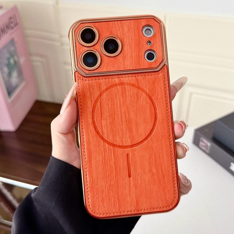 For iPhone 17 Pro Max Large Window TPU Electroplated Wood Grain PU MagSafe Phone Case with Lens Film