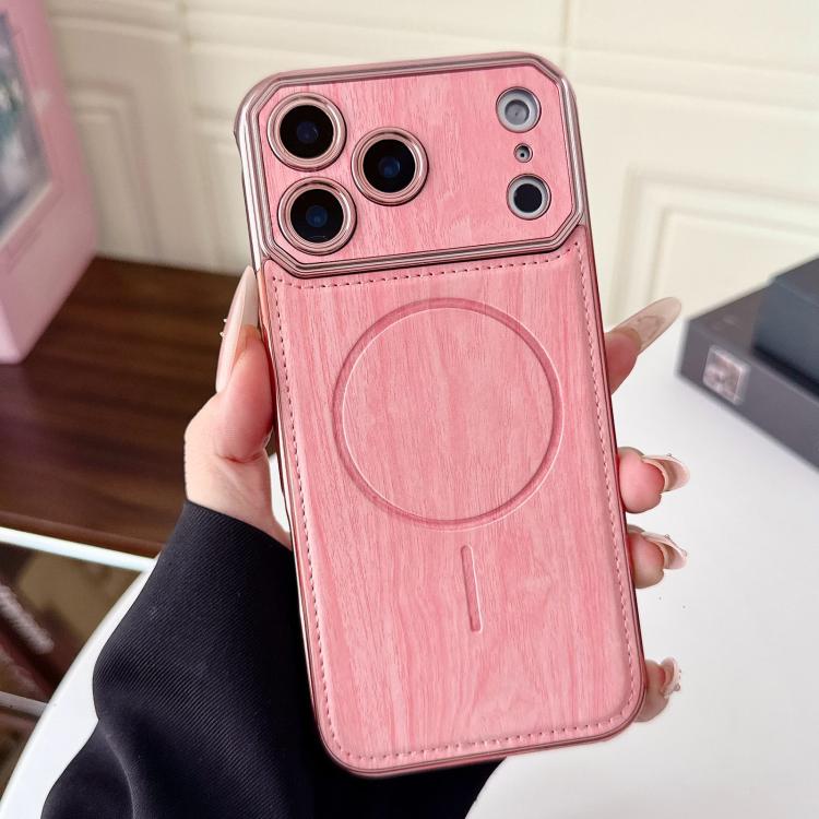 For iPhone 17 Pro Max Large Window TPU Electroplated Wood Grain PU MagSafe Phone Case with Lens Film