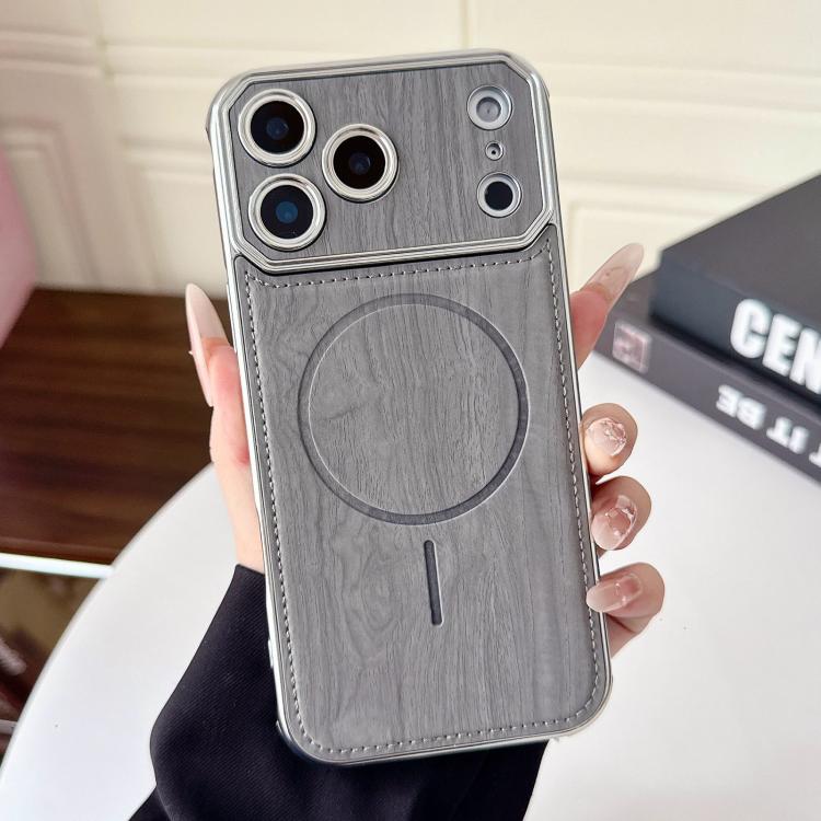 For iPhone 17 Pro Max Large Window TPU Electroplated Wood Grain PU MagSafe Phone Case with Lens Film