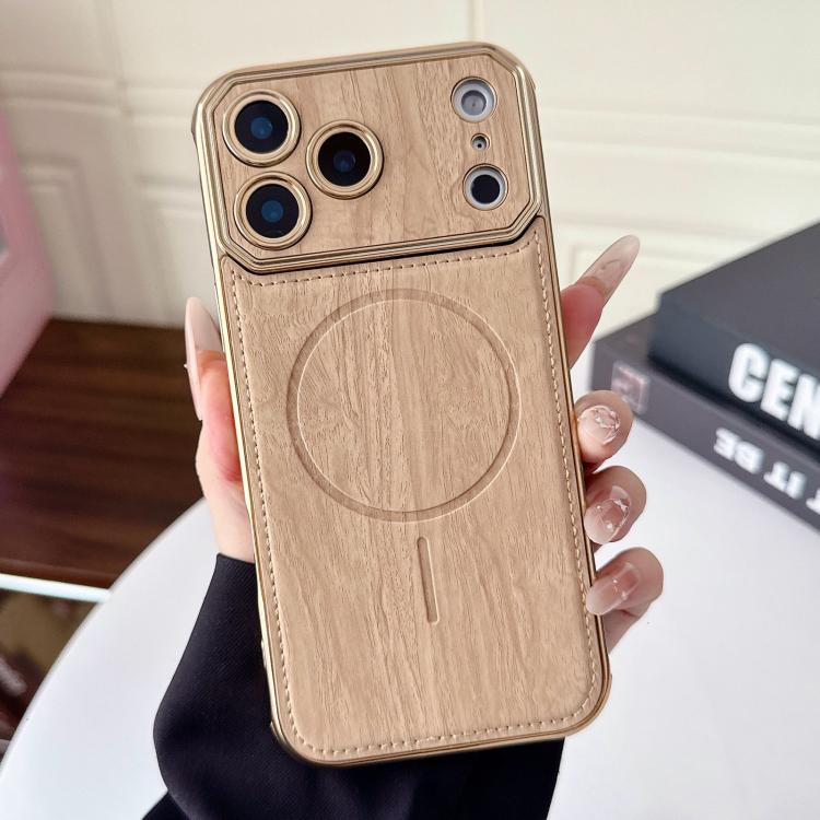For iPhone 17 Pro Max Large Window TPU Electroplated Wood Grain PU MagSafe Phone Case with Lens Film