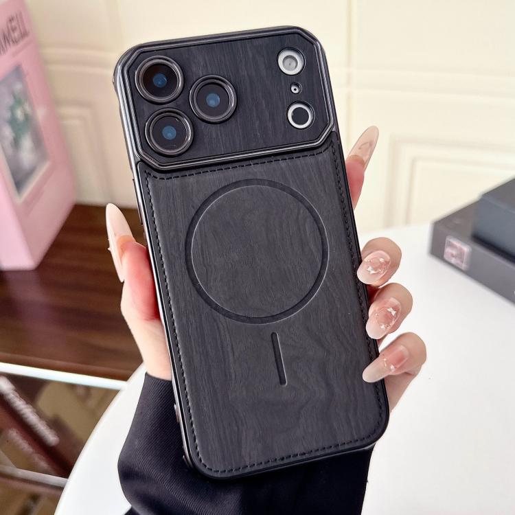 For iPhone 17 Pro Large Window TPU Electroplated Wood Grain PU MagSafe Phone Case with Lens Film