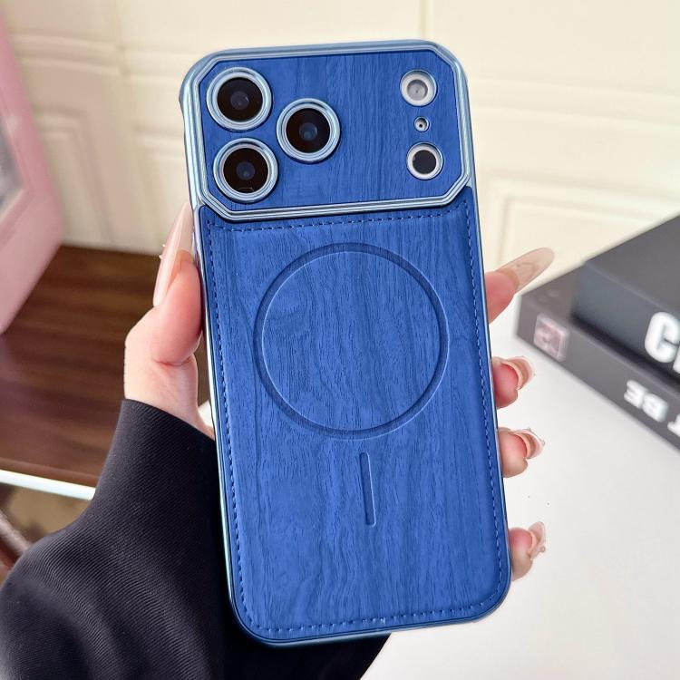 For iPhone 17 Pro Large Window TPU Electroplated Wood Grain PU MagSafe Phone Case with Lens Film
