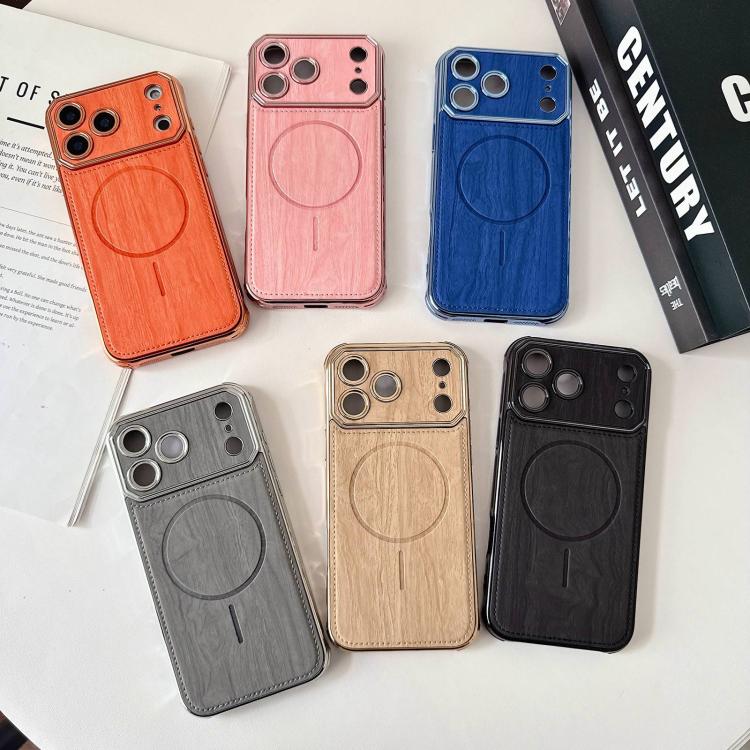 For iPhone 17 Pro Max Large Window TPU Electroplated Wood Grain PU MagSafe Phone Case with Lens Film