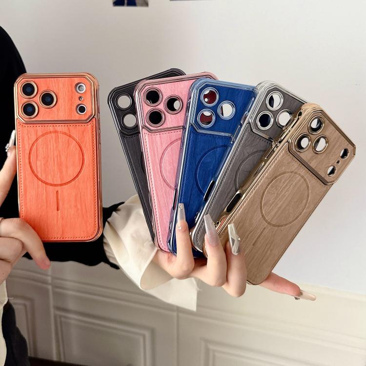 For iPhone 17 Pro Max Large Window TPU Electroplated Wood Grain PU MagSafe Phone Case with Lens Film