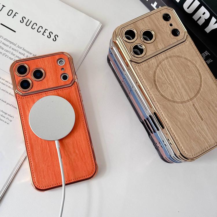 For iPhone 17 Pro Max Large Window TPU Electroplated Wood Grain PU MagSafe Phone Case with Lens Film