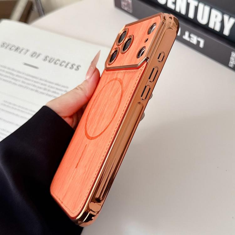 For iPhone 17 Pro Large Window TPU Electroplated Wood Grain PU MagSafe Phone Case with Lens Film