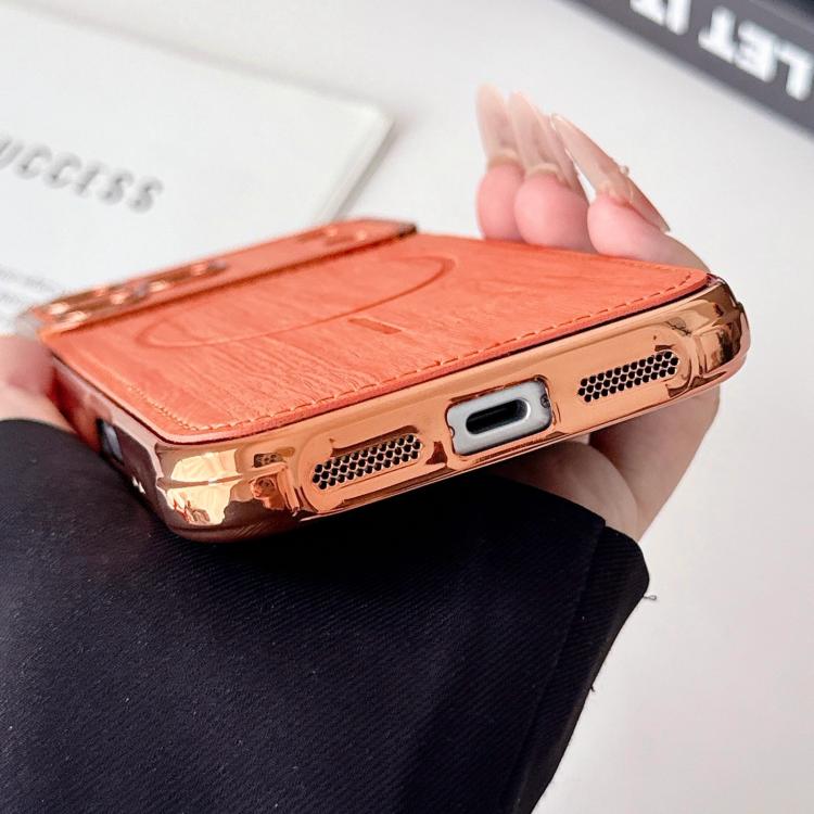 For iPhone 17 Pro Max Large Window TPU Electroplated Wood Grain PU MagSafe Phone Case with Lens Film