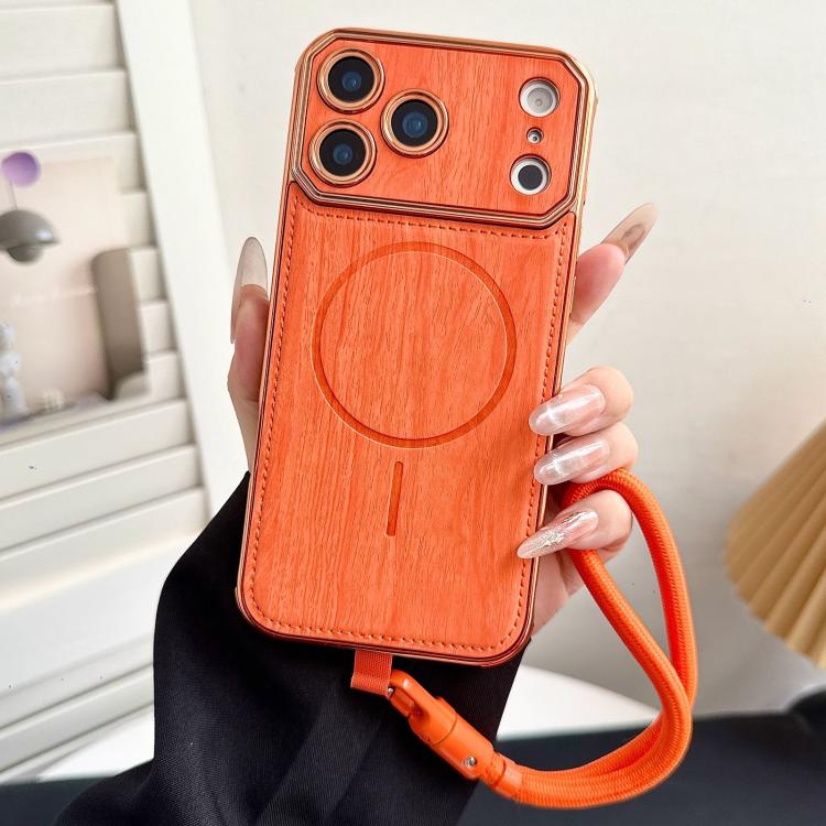 For iPhone 17 Pro Max Large Window TPU Electroplated Wood Grain PU MagSafe Phone Case with Lens Film & Strap