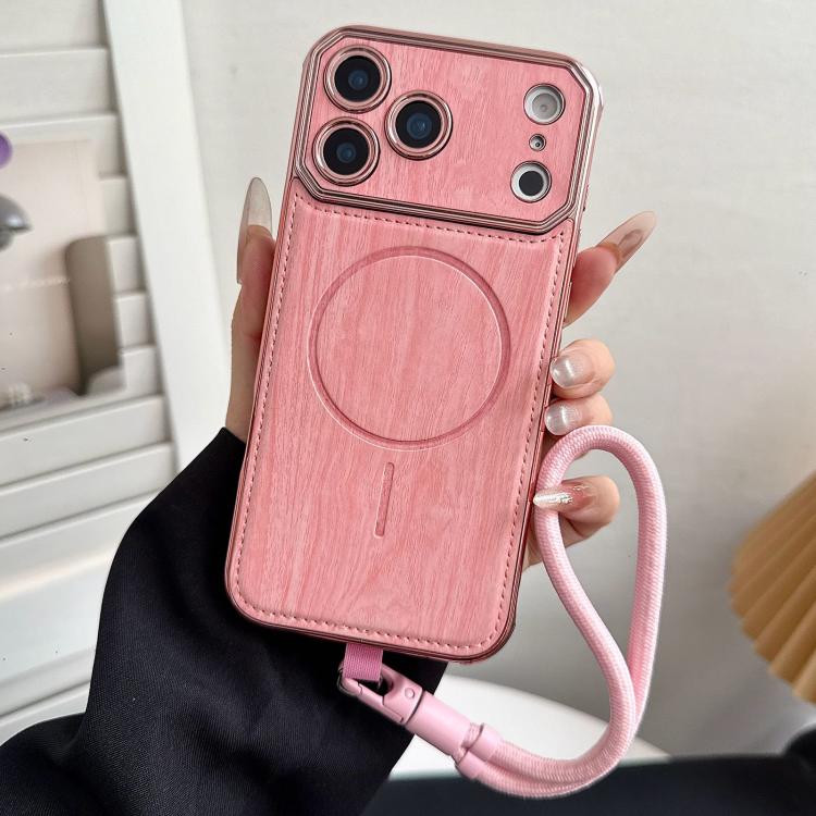 For iPhone 17 Pro Max Large Window TPU Electroplated Wood Grain PU MagSafe Phone Case with Lens Film & Strap
