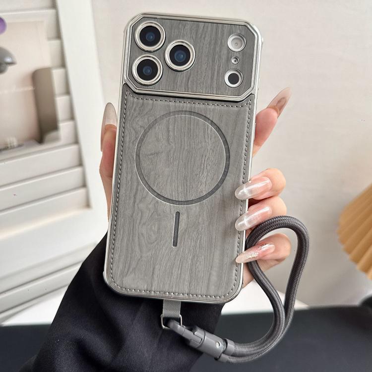For iPhone 17 Pro Max Large Window TPU Electroplated Wood Grain PU MagSafe Phone Case with Lens Film & Strap