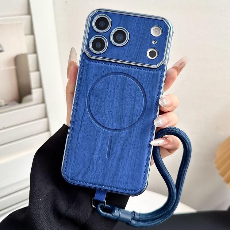 For iPhone 17 Pro Max Large Window TPU Electroplated Wood Grain PU MagSafe Phone Case with Lens Film & Strap