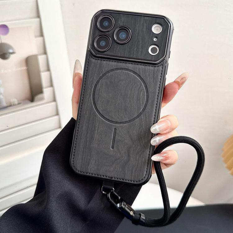 For iPhone 17 Pro Large Window TPU Electroplated Wood Grain PU MagSafe Phone Case with Lens Film & Strap