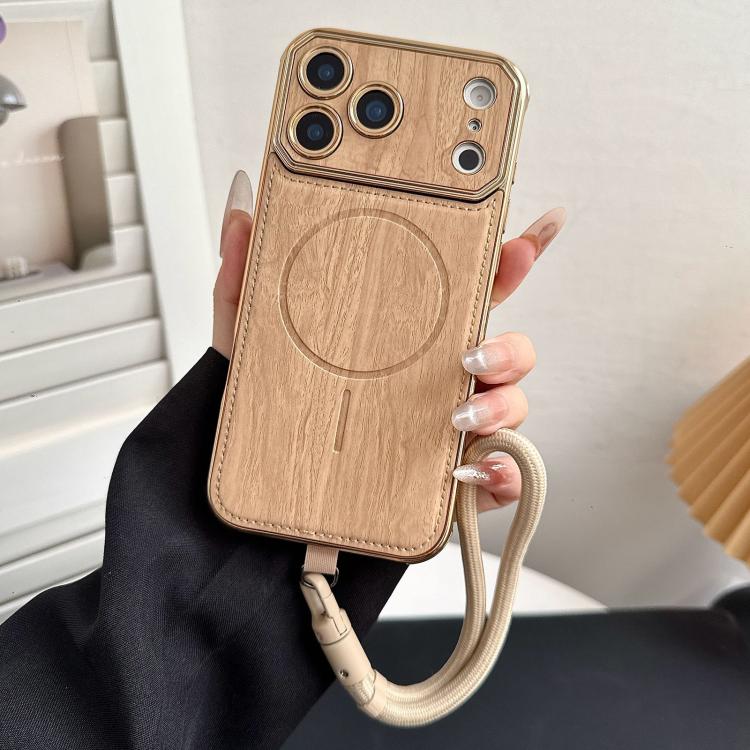 For iPhone 17 Pro Large Window TPU Electroplated Wood Grain PU MagSafe Phone Case with Lens Film & Strap