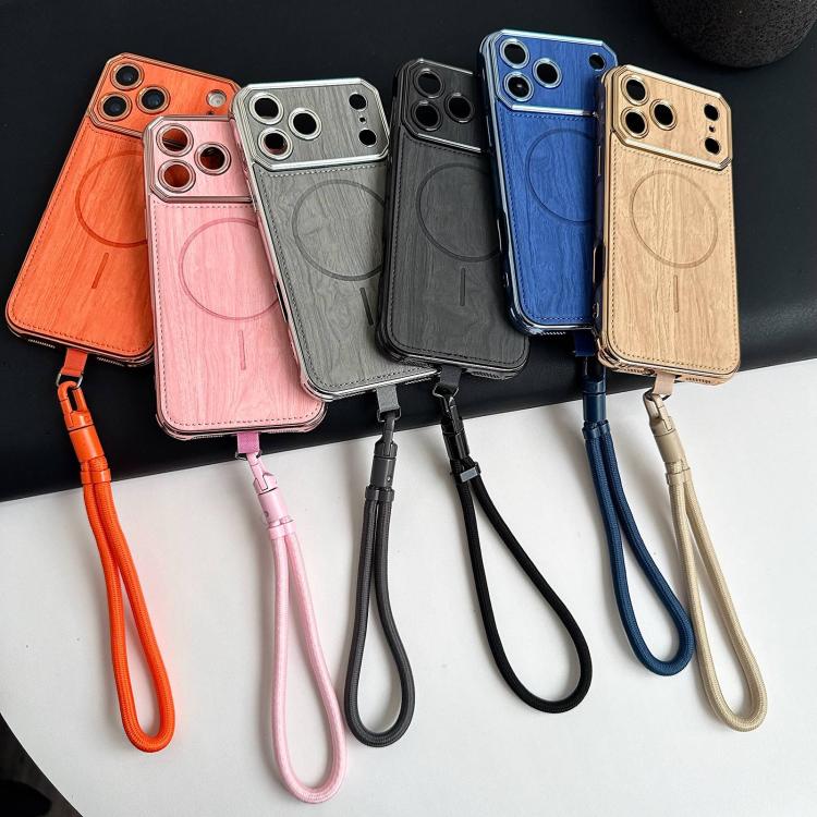 For iPhone 17 Pro Large Window TPU Electroplated Wood Grain PU MagSafe Phone Case with Lens Film & Strap