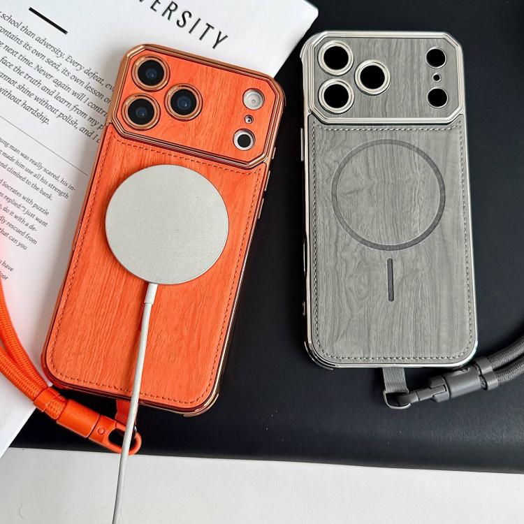 For iPhone 17 Pro Max Large Window TPU Electroplated Wood Grain PU MagSafe Phone Case with Lens Film & Strap