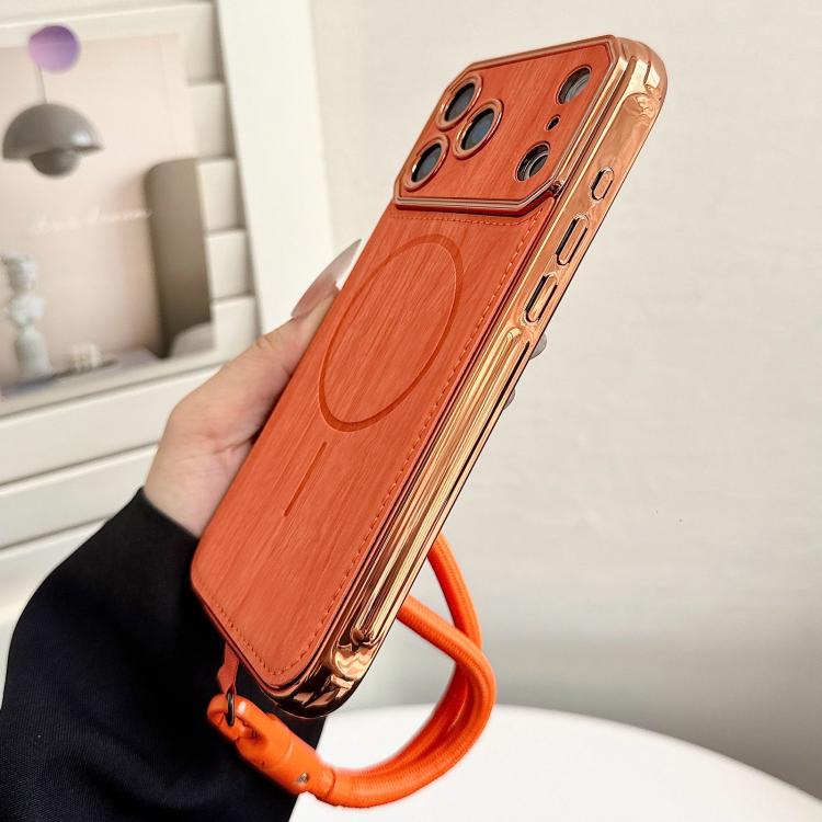 For iPhone 17 Pro Large Window TPU Electroplated Wood Grain PU MagSafe Phone Case with Lens Film & Strap