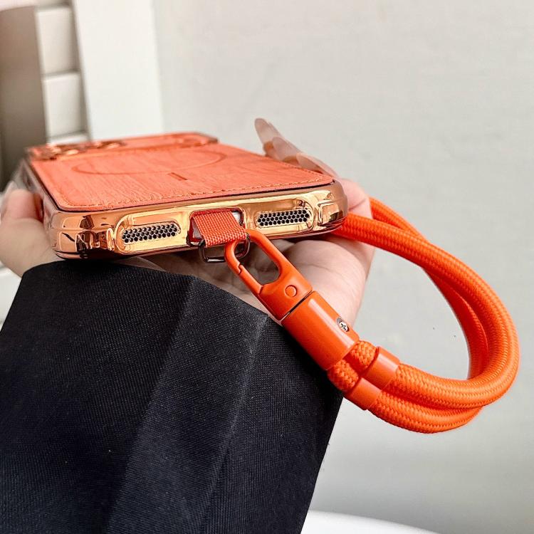 For iPhone 17 Pro Large Window TPU Electroplated Wood Grain PU MagSafe Phone Case with Lens Film & Strap