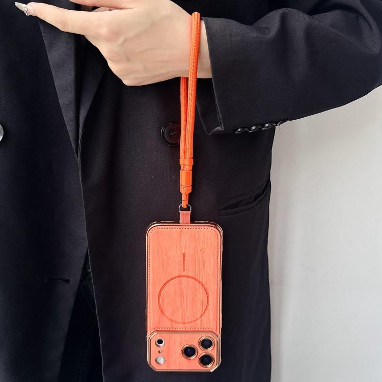 For iPhone 17 Pro Large Window TPU Electroplated Wood Grain PU MagSafe Phone Case with Lens Film & Strap
