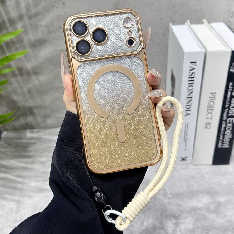 For iPhone 17 Pro Max Large Window Rhombus Gradient Matte Electroplated TPU MagSafe Phone Case with Hand Strap