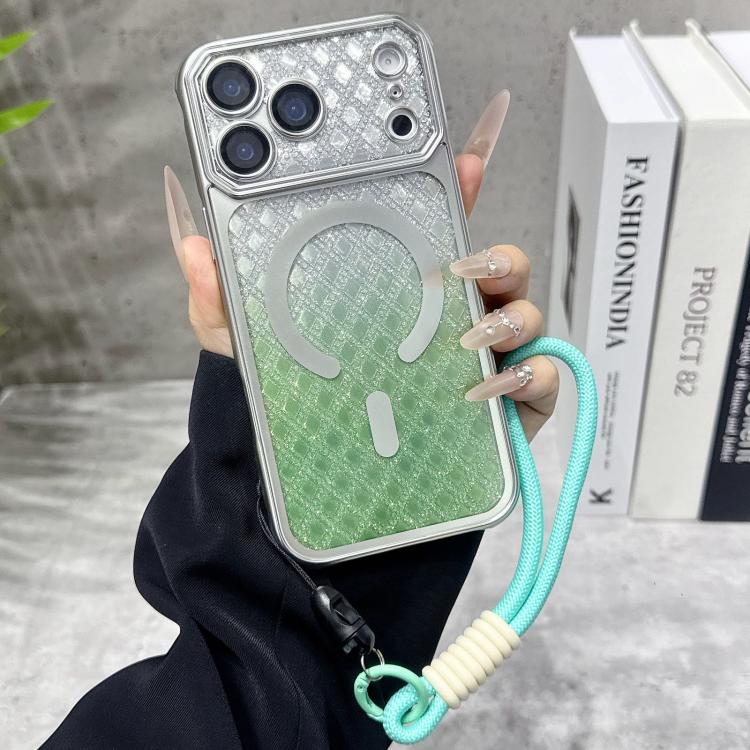 For iPhone 17 Pro Max Large Window Rhombus Gradient Matte Electroplated TPU MagSafe Phone Case with Hand Strap