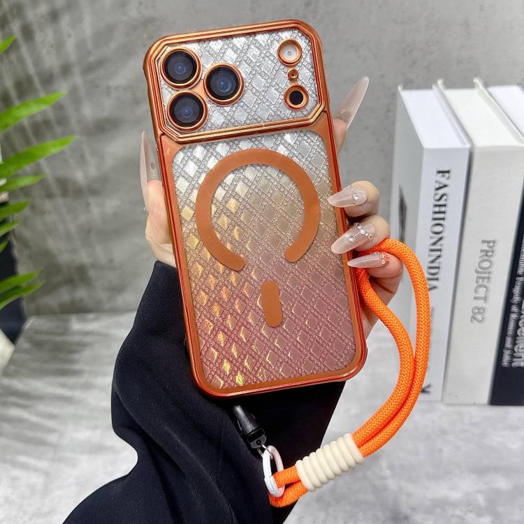 For iPhone 17 Pro Large Window Rhombus Gradient Matte Electroplated TPU MagSafe Phone Case with Hand Strap