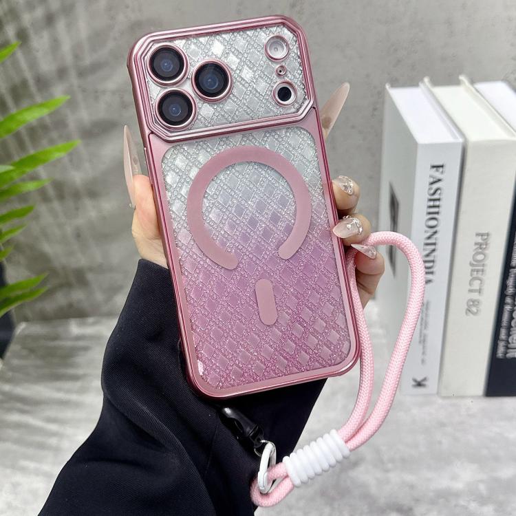 For iPhone 17 Pro Large Window Rhombus Gradient Matte Electroplated TPU MagSafe Phone Case with Hand Strap