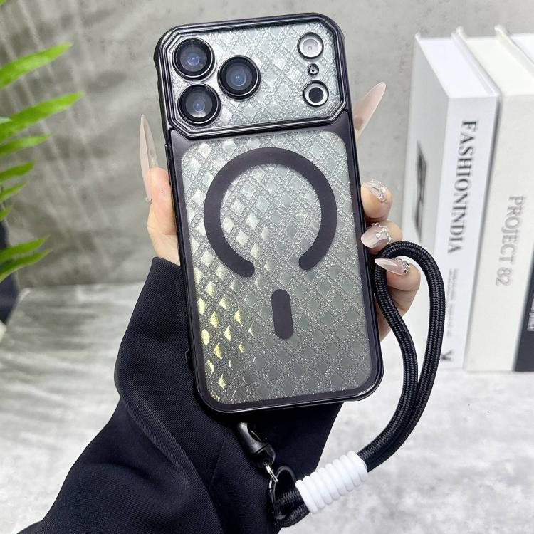 For iPhone 17 Pro Large Window Rhombus Gradient Matte Electroplated TPU MagSafe Phone Case with Hand Strap