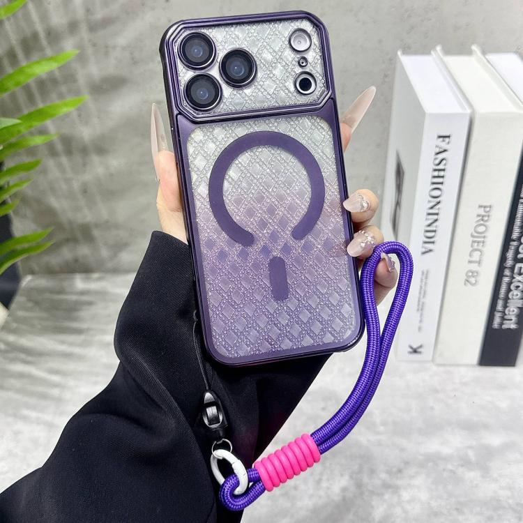 For iPhone 17 Pro Large Window Rhombus Gradient Matte Electroplated TPU MagSafe Phone Case with Hand Strap