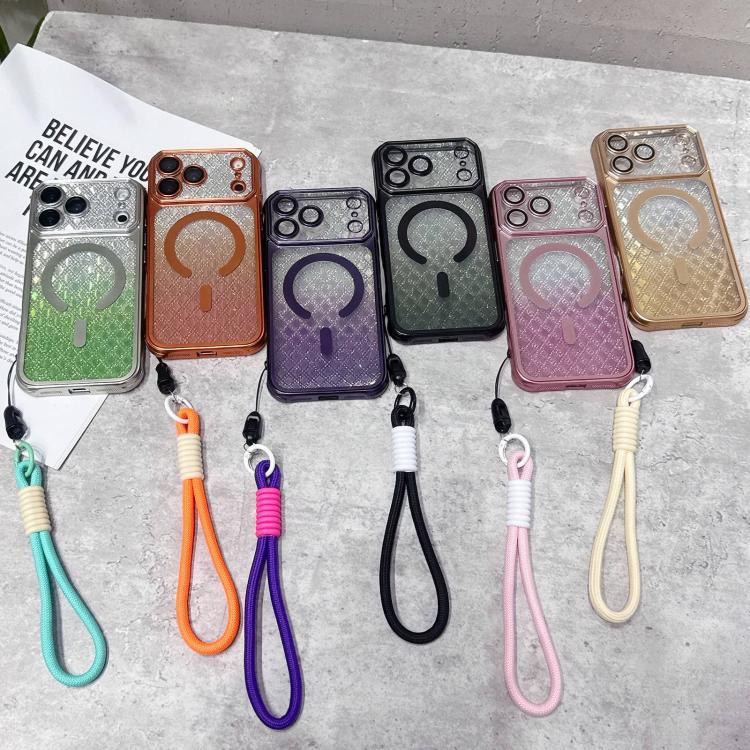 For iPhone 17 Pro Max Large Window Rhombus Gradient Matte Electroplated TPU MagSafe Phone Case with Hand Strap