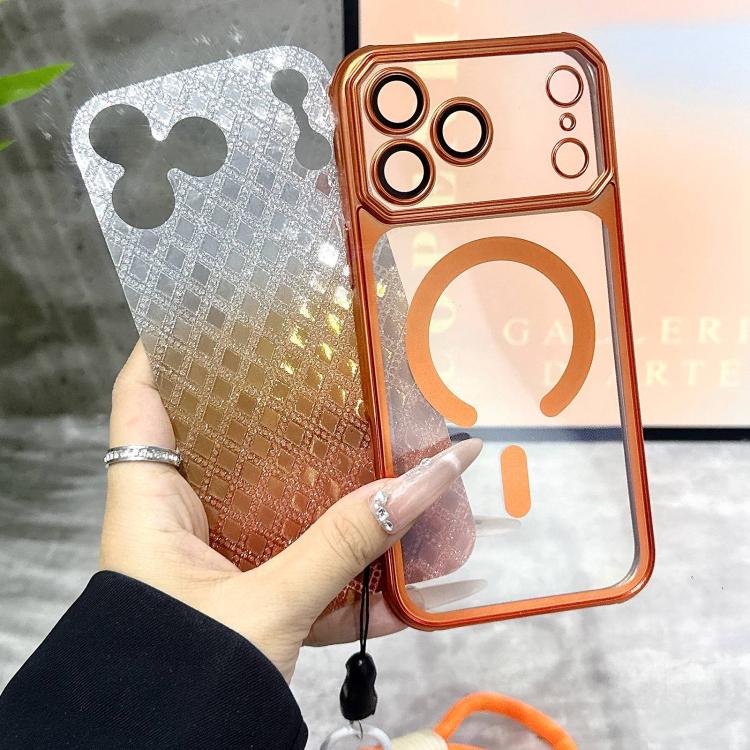 For iPhone 17 Pro Max Large Window Rhombus Gradient Matte Electroplated TPU MagSafe Phone Case with Hand Strap