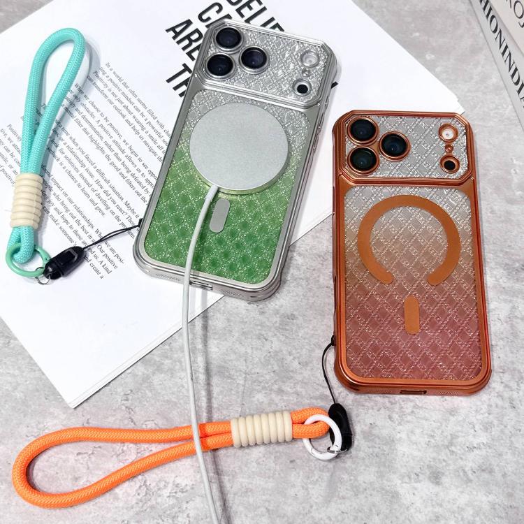 For iPhone 17 Pro Max Large Window Rhombus Gradient Matte Electroplated TPU MagSafe Phone Case with Hand Strap