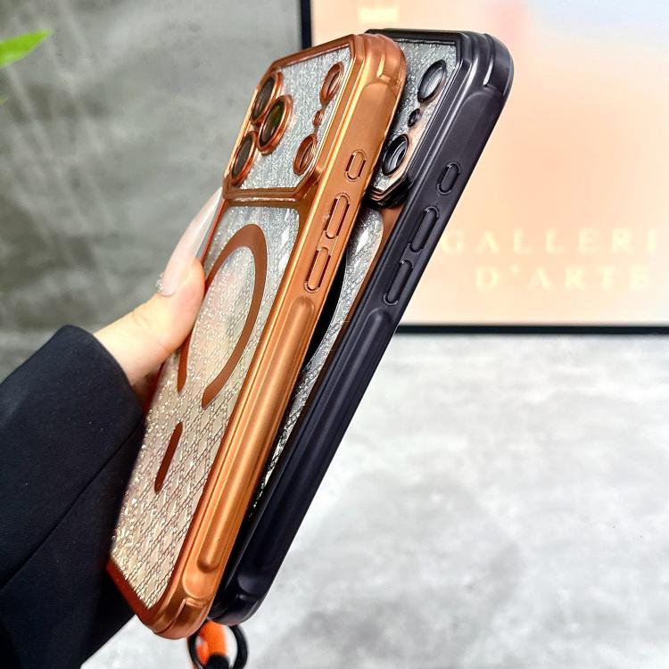 For iPhone 17 Pro Max Large Window Rhombus Gradient Matte Electroplated TPU MagSafe Phone Case with Hand Strap
