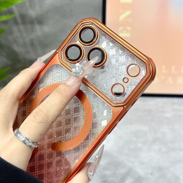 For iPhone 17 Pro Max Large Window Rhombus Gradient Matte Electroplated TPU MagSafe Phone Case with Hand Strap