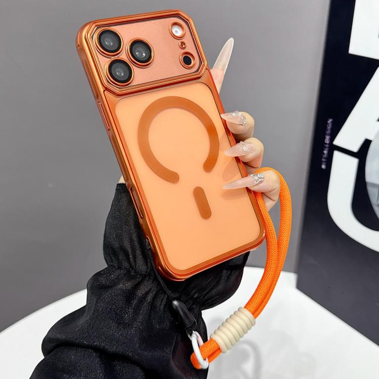 For iPhone 17 Pro Max Large Window Matte Electroplated TPU MagSafe Phone Case with Hand Strap