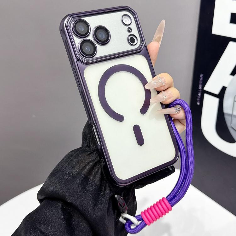 For iPhone 17 Pro Max Large Window Matte Electroplated TPU MagSafe Phone Case with Hand Strap