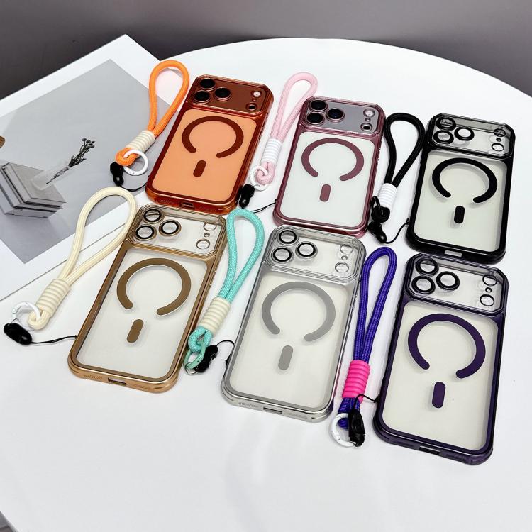For iPhone 17 Pro Max Large Window Matte Electroplated TPU MagSafe Phone Case with Hand Strap