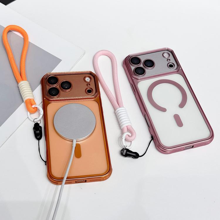 For iPhone 17 Pro Max Large Window Matte Electroplated TPU MagSafe Phone Case with Hand Strap