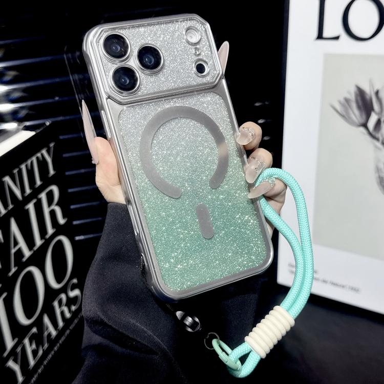 For iPhone 17 Pro Max Large Window Glitter Gradient Matte Electroplated TPU MagSafe Phone Case with Hand Strap